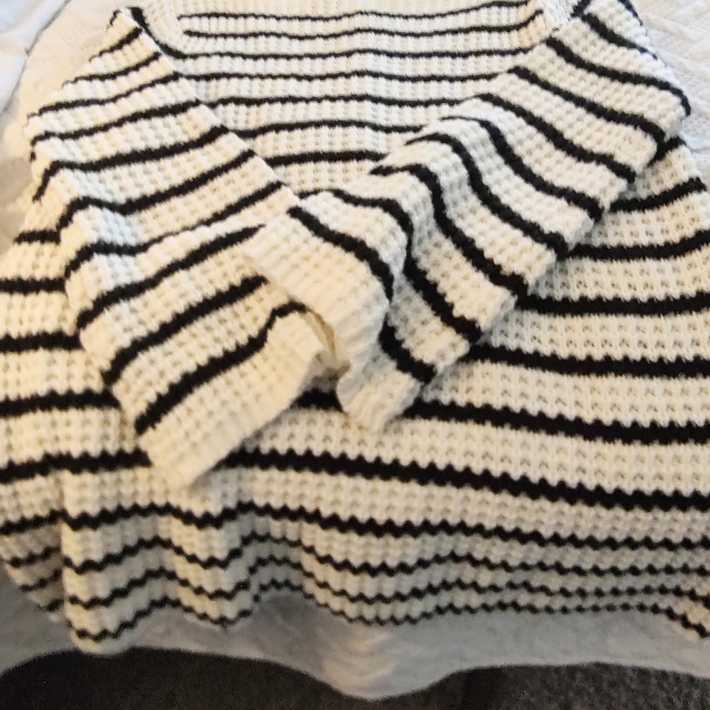 New Directions Black and White Crew Neck Sweater with Nautical Stripes